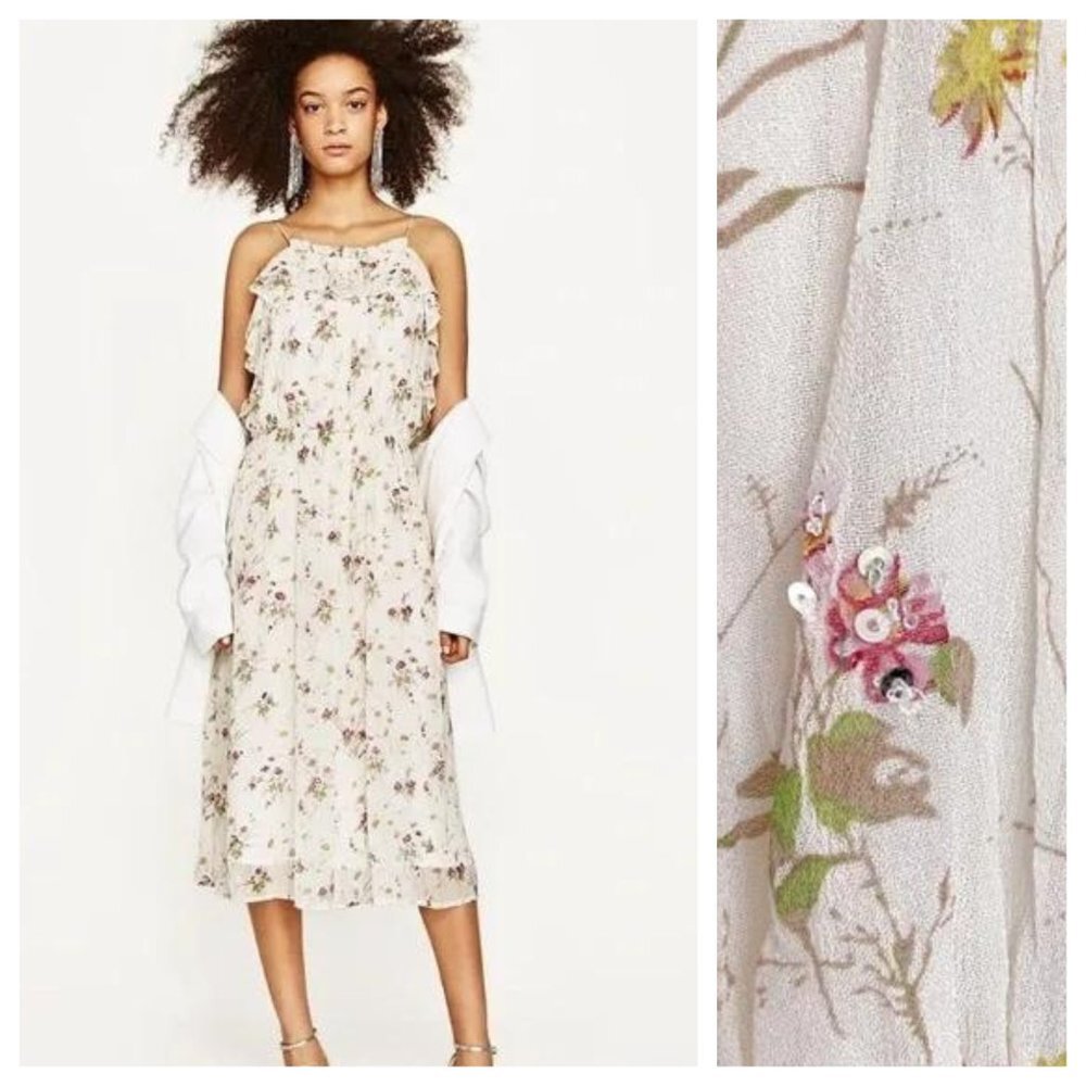 Zara Cream White Floral Sequined Dress - Picture 5 of 7